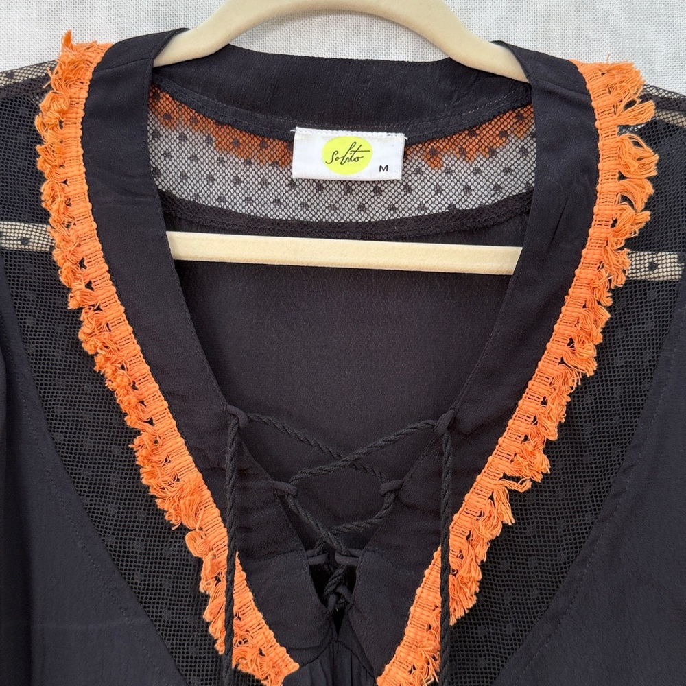 Black Bohemian Blouse with Beautiful Trim - M